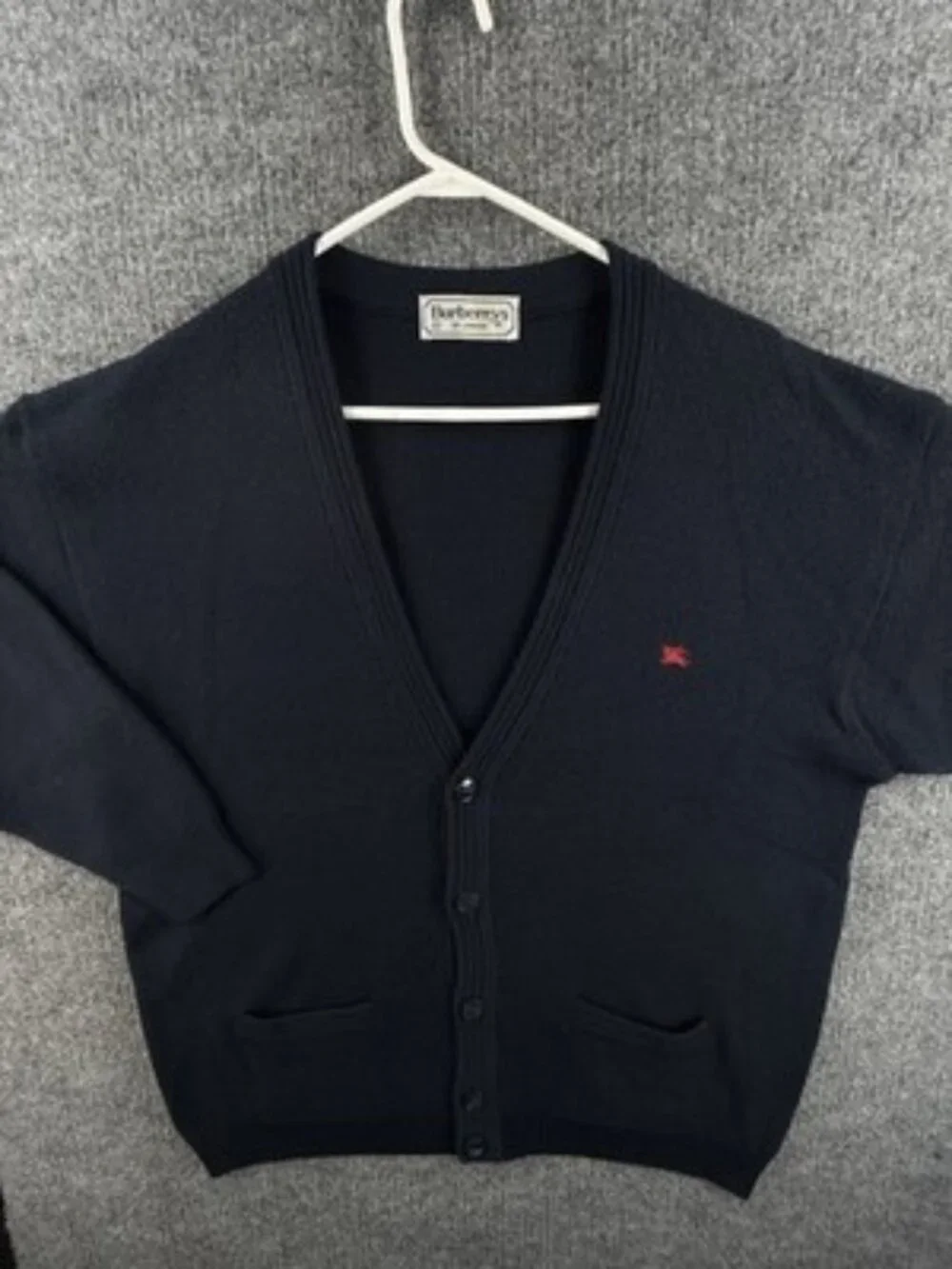 Burberry Navy Blue Cardigan V-Neck Sweater Logo 8 Men Solid Knit Long Sleeve